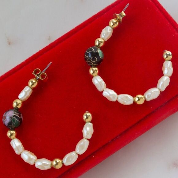 Avon Post Back Open Hoops Strung wih Faux Pearl and Cloisonne - Picture 1 of 17